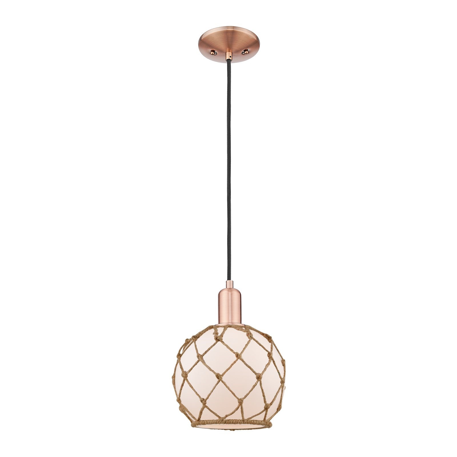 Innovations Farmhouse Rope 8in 1-Light Mini Pendant | Industrial Antique Copper Steel and White Frosted Glass with Brown Rope | Model 716-1P-AC-G121-8RB