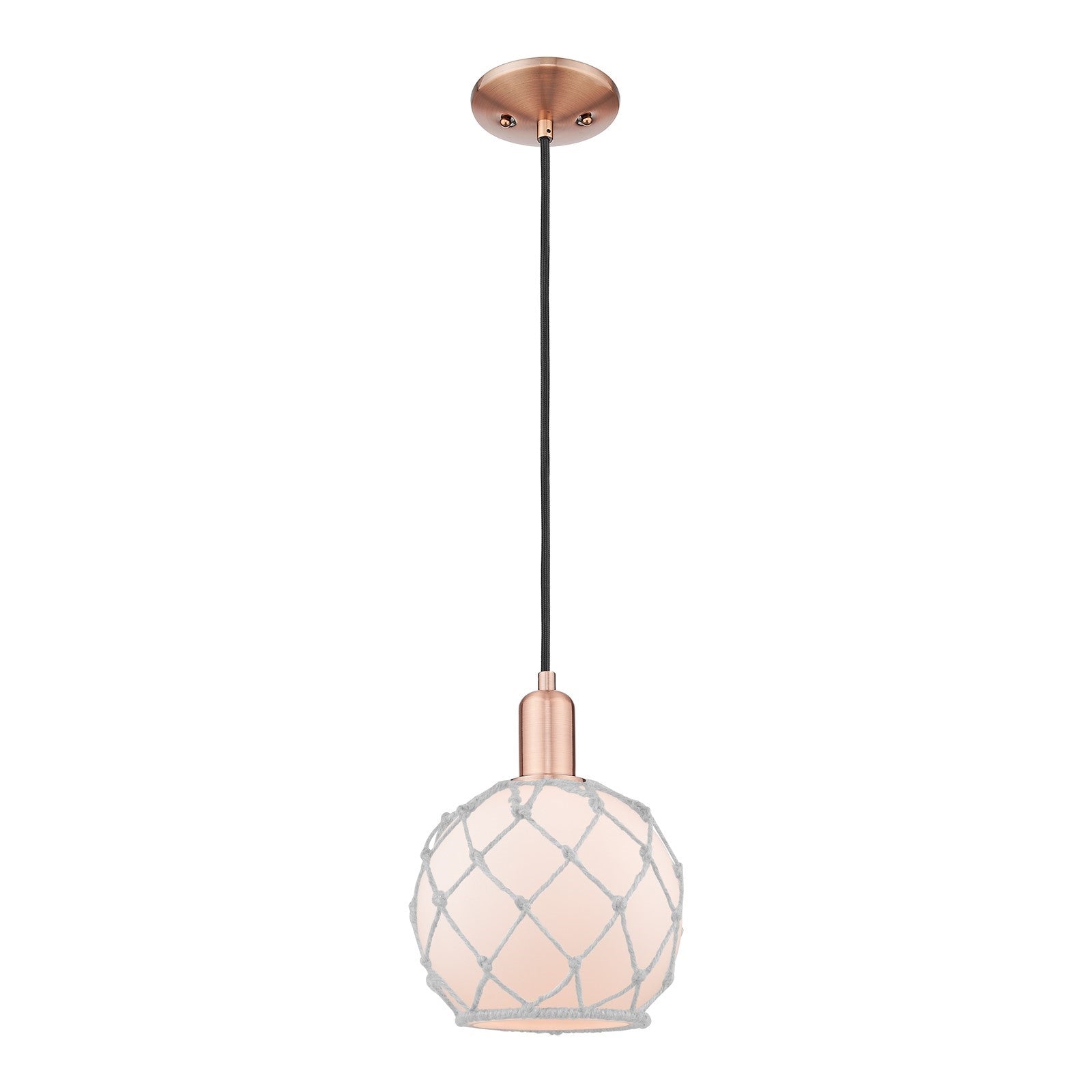 Innovations Farmhouse Rope 8in 1-Light Mini Pendant | Industrial Antique Copper Steel and White Glass with White Rope | Kitchen | Model 716-1P-AC-G121-8RW