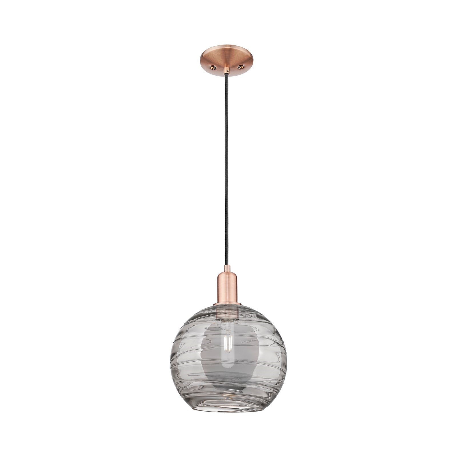 Innovations Athens Deco Swirl 10in 1-Light Mini Pendant | Industrial Antique Copper and Light Smoke Glass | Kitchen Island & | Model 716-1P-AC-G1213-10SM