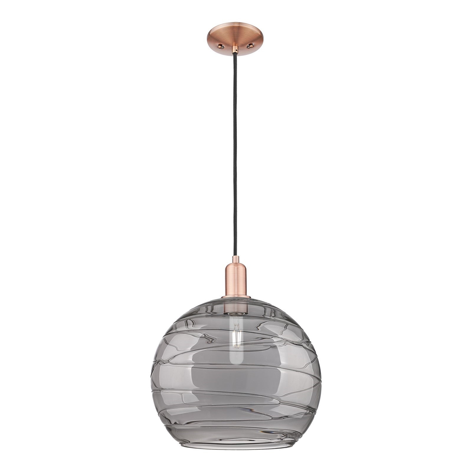 Innovations Athens Deco Swirl 14in 1-Light Mini Pendant | Industrial Antique Copper and Light Smoke Glass | Kitchen Island | Model 716-1P-AC-G1213-14SM