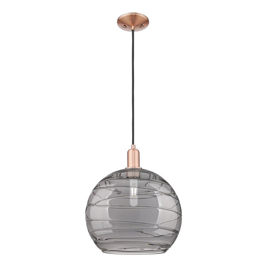 Innovations Athens Deco Swirl 14in 1-Light Mini Pendant | Industrial Antique Copper and Light Smoke Glass | Kitchen Island | Model 716-1P-AC-G1213-14SM