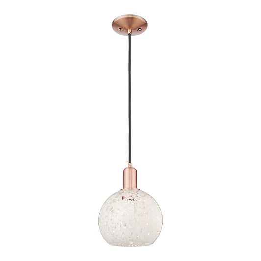 Innovations Lighting White Mouchette 8in 1-Light Mini Pendant | Industrial Modern Contempo Antique Copper Steel and White | Model 716-1P-AC-G1216-8WM