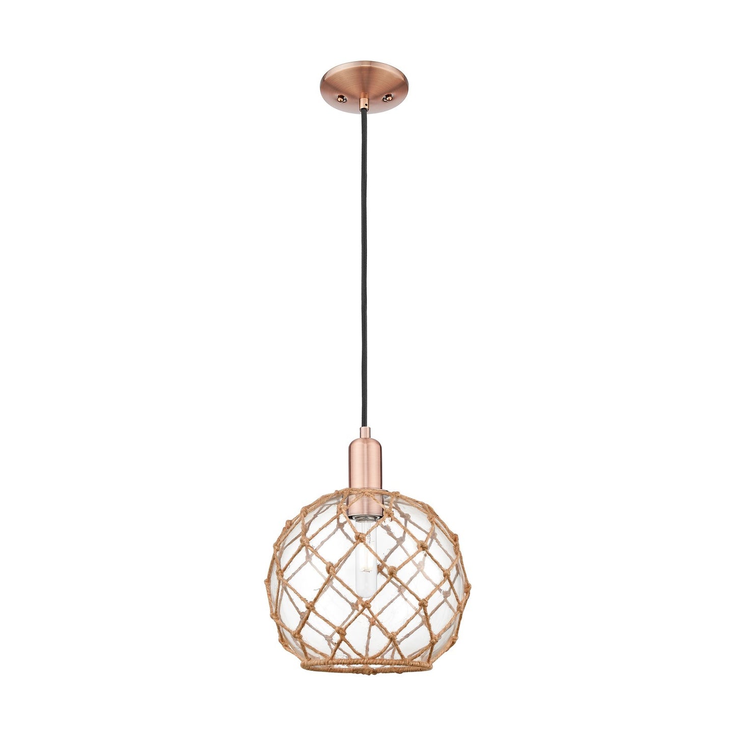 Innovations Farmhouse Rope 10in 1-Light Mini Pendant | Industrial Antique Copper Steel and Clear Glass with Brown Rope | Model 716-1P-AC-G122-10RB