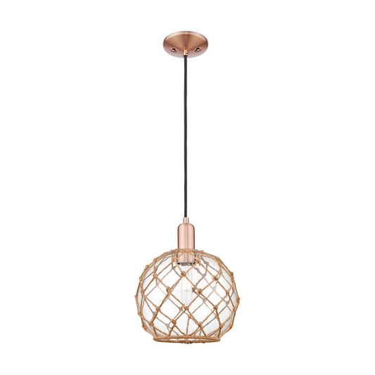 Innovations Farmhouse Rope 10in 1-Light Mini Pendant | Industrial Antique Copper Steel and Clear Glass with Brown Rope | Model 716-1P-AC-G122-10RB