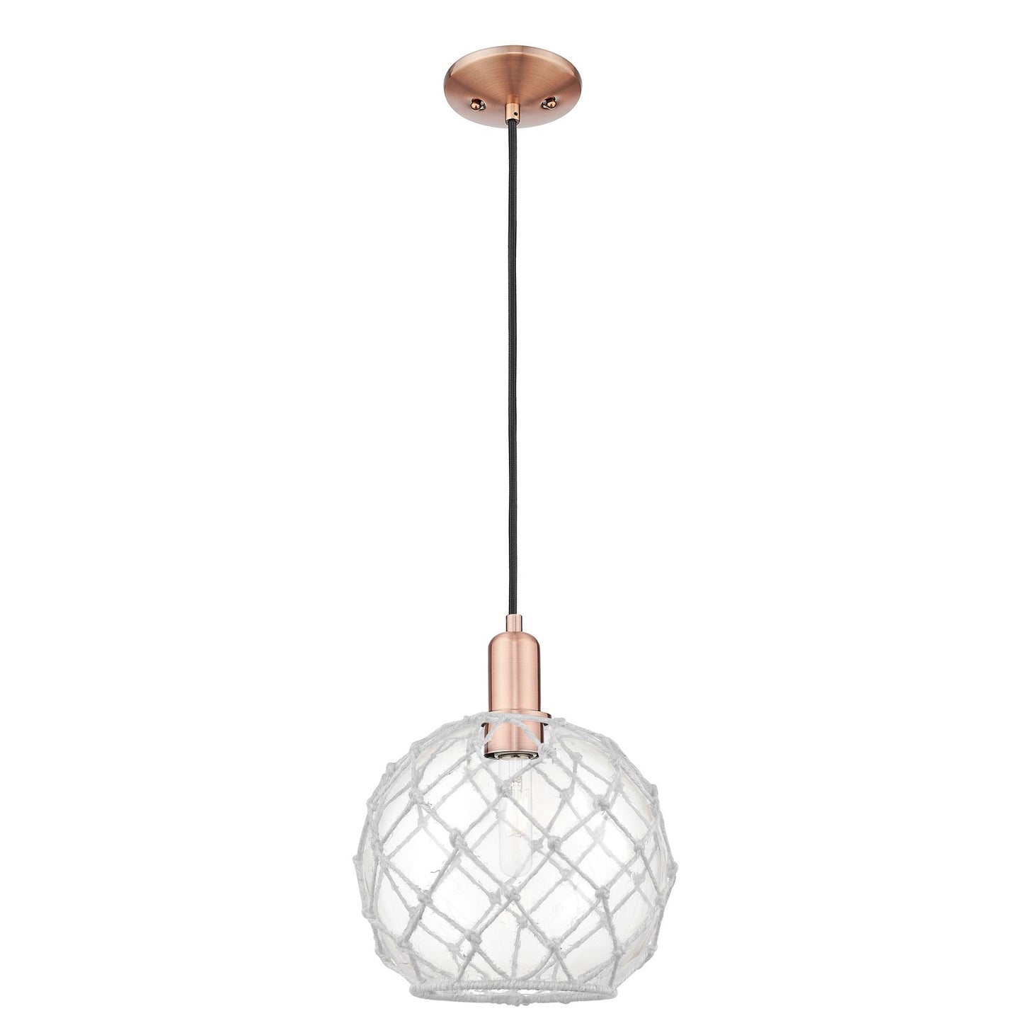Innovations Farmhouse Rope 10in 1-Light Mini Pendant | Industrial Antique Copper Steel and Clear Glass with White Rope | Model 716-1P-AC-G122-10RW