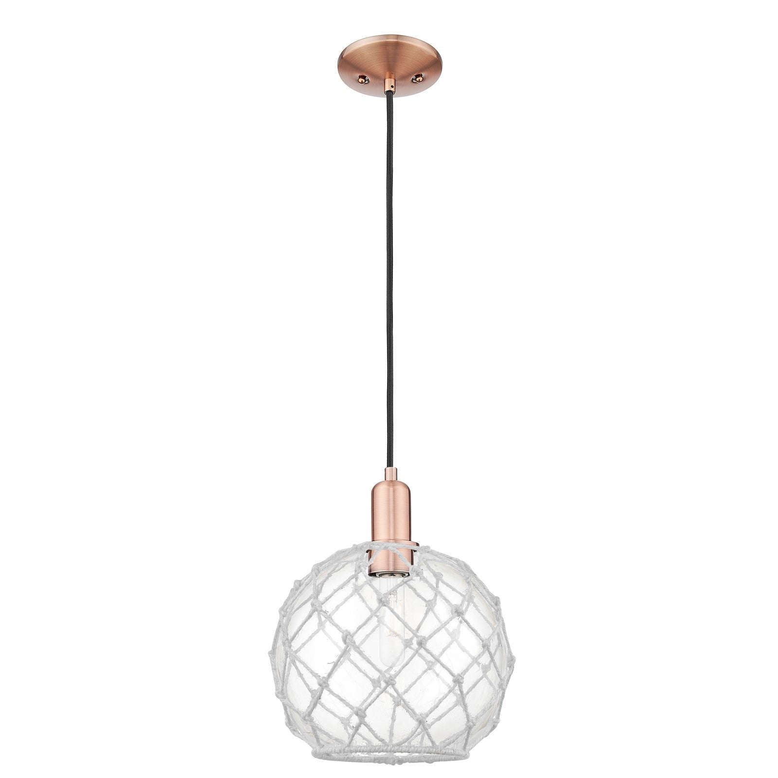 Innovations Farmhouse Rope 10in 1-Light Mini Pendant | Industrial Antique Copper Steel and Clear Glass with White Rope | Model 716-1P-AC-G122-10RW