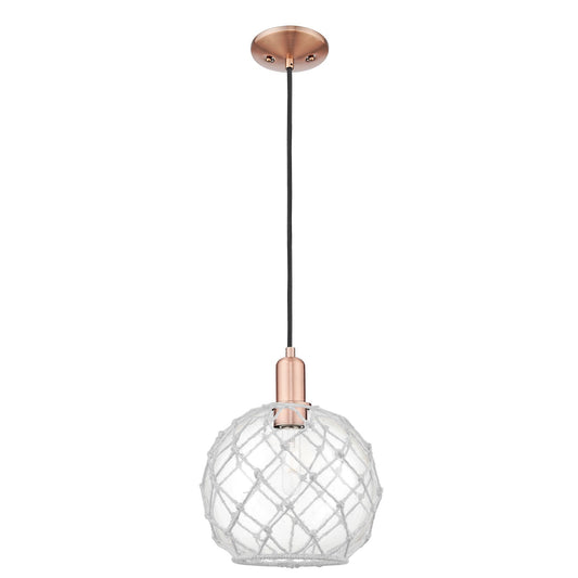 Innovations Farmhouse Rope 10in 1-Light Mini Pendant | Industrial Antique Copper Steel and Clear Glass with White Rope | Model 716-1P-AC-G122-10RW