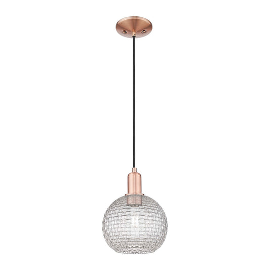 Innovations Athens 8in 1-Light Mini Pendant | Industrial Antique Copper Steel and Clear Basket Weave Glass | Kitchen Island & | Model 716-1P-AC-G122C-8CL