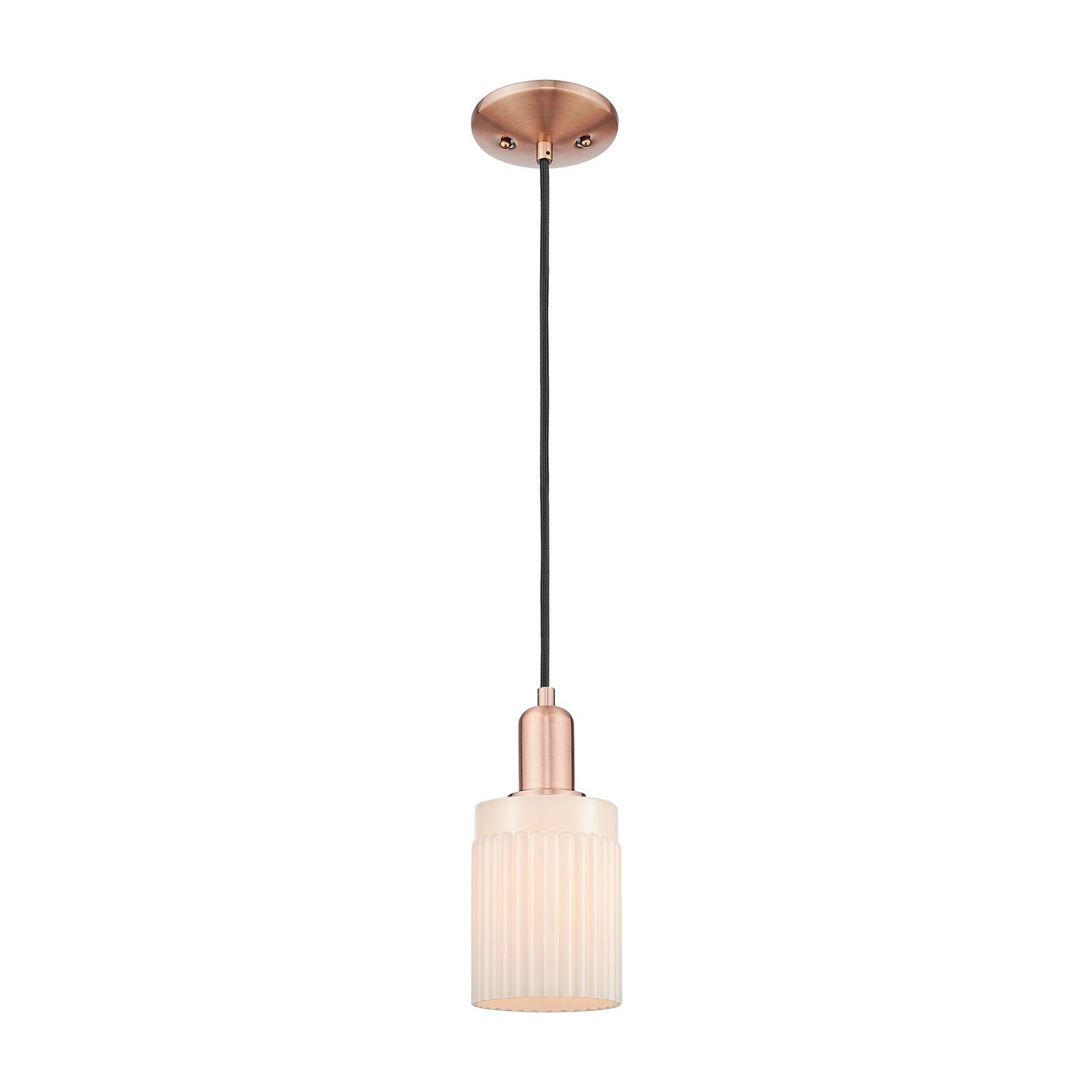 Innovations Hadley 4.5in 1-Light Mini Pendant | Industrial Antique Copper and Matte White Ribbed Glass | Kitchen Island & Dining | Model 716-1P-AC-G341