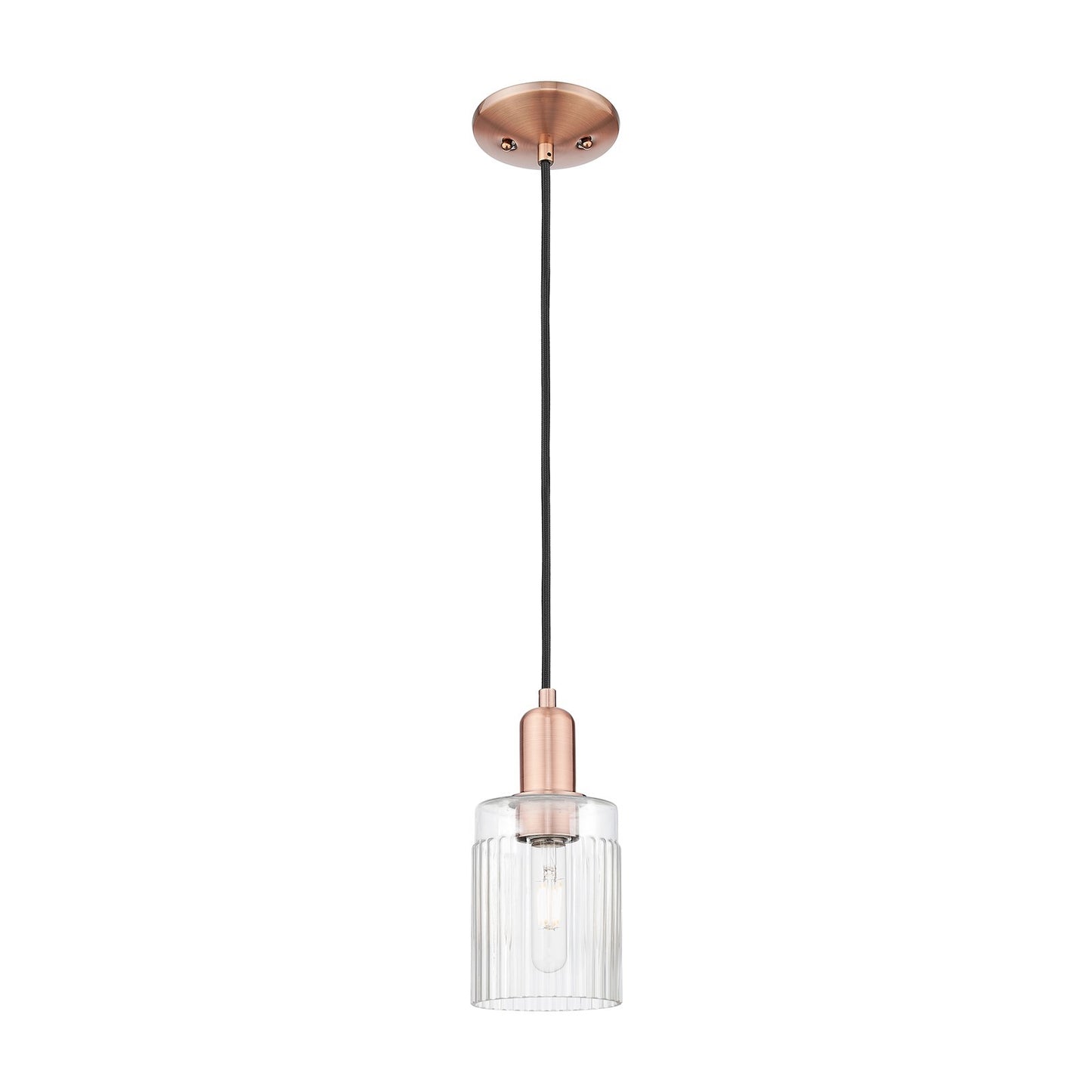 Innovations Hadley 4.5in 1-Light Mini Pendant | Industrial Antique Copper Steel and Clear Ribbed Glass | Kitchen Island & Dining | Model 716-1P-AC-G342