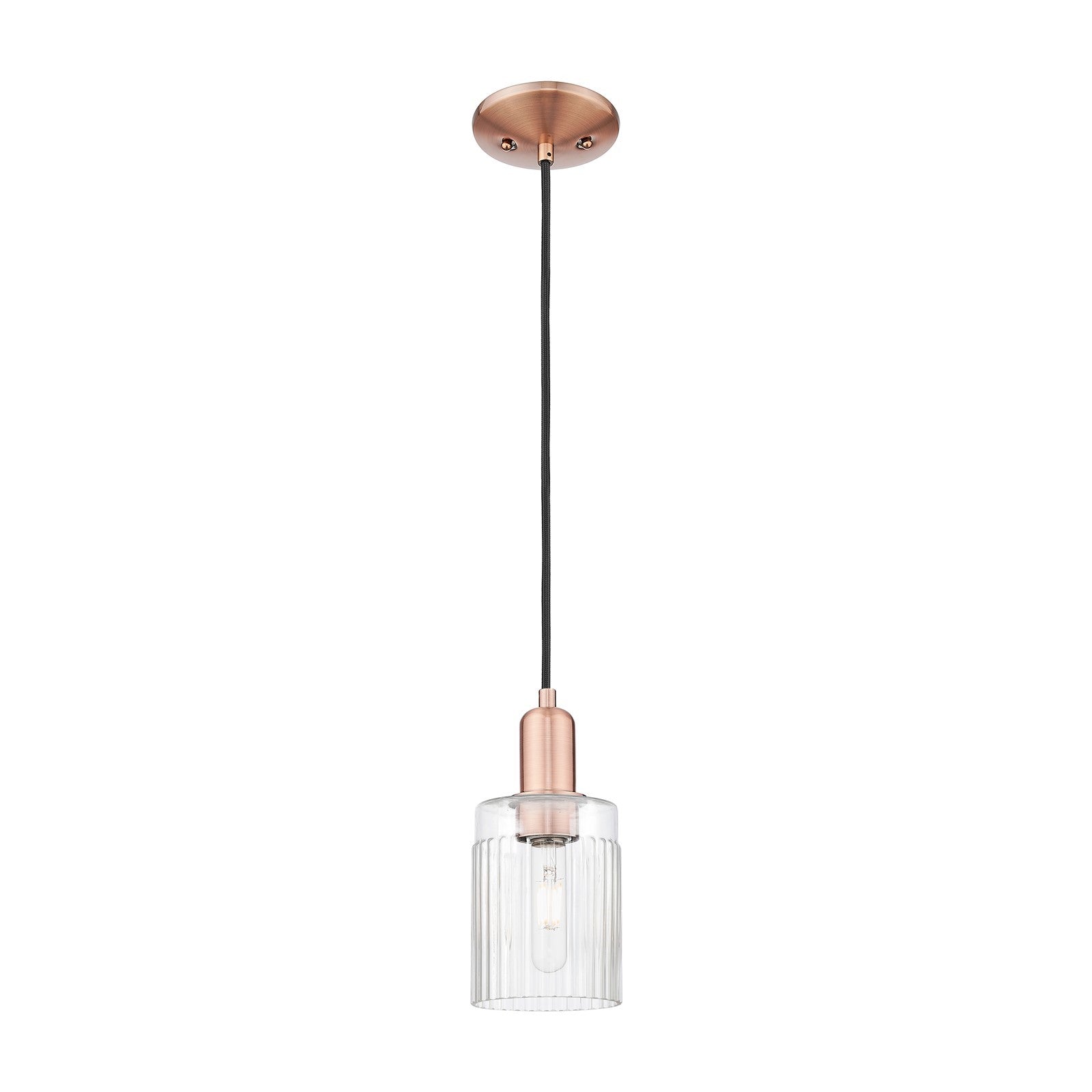 Innovations Hadley 4.5in 1-Light Mini Pendant | Industrial Antique Copper Steel and Clear Ribbed Glass | Kitchen Island & Dining | Model 716-1P-AC-G342