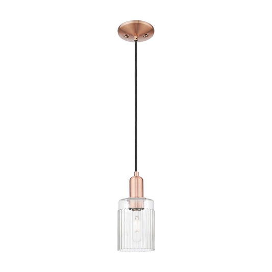Innovations Hadley 4.5in 1-Light Mini Pendant | Industrial Antique Copper Steel and Clear Ribbed Glass | Kitchen Island & Dining | Model 716-1P-AC-G342
