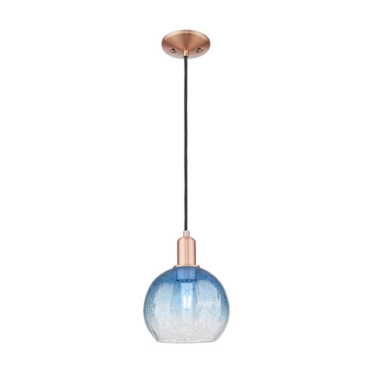 Innovations Brookhaven Globe 8in 1-Light Mini Pendant | Industrial Antique Copper and Sapphire Blue Glass | Kitchen Island & | Model 716-1P-AC-G483-8SB