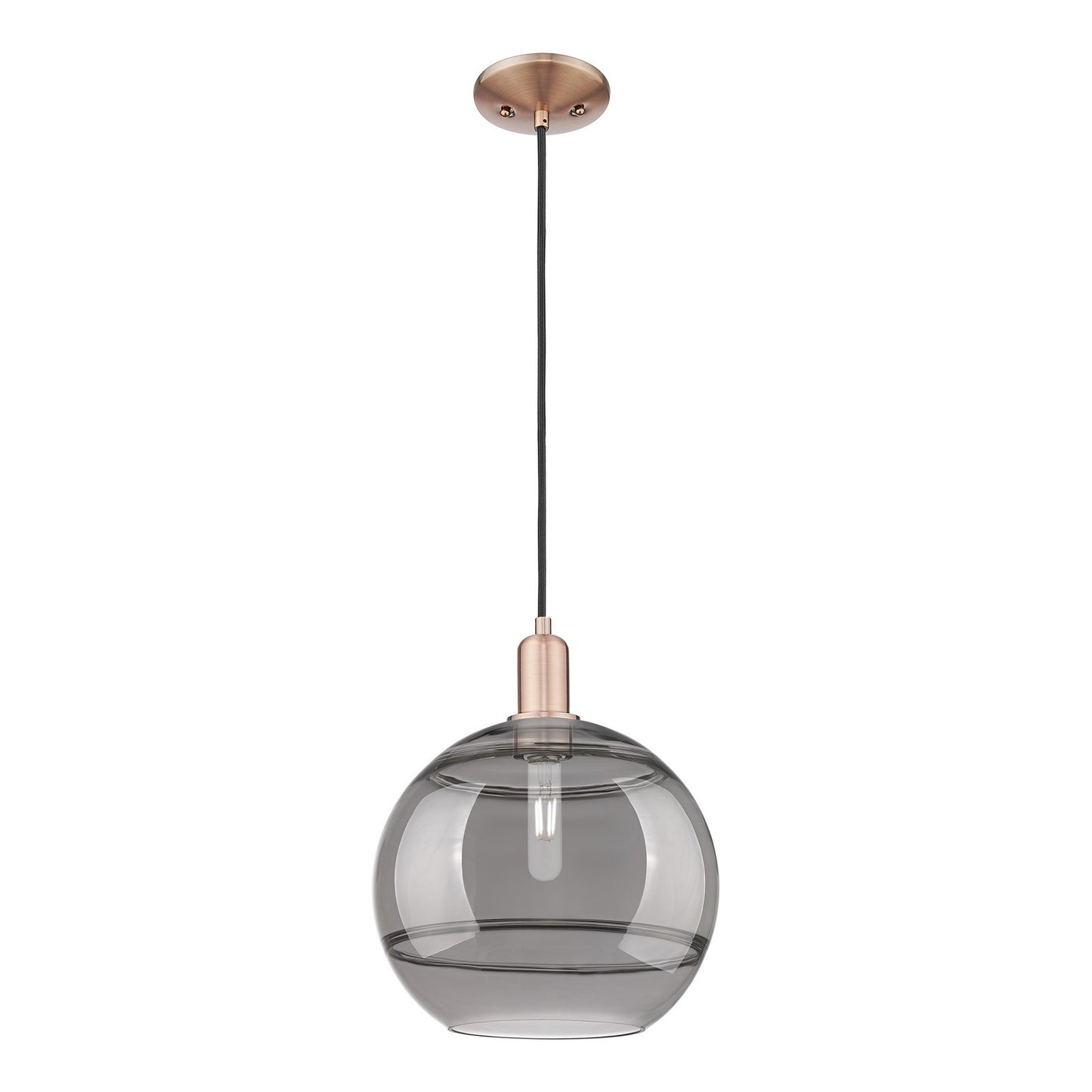 Innovations Rochester 12in 1-Light Mini Pendant | Industrial Antique Copper Steel and Light Smoke Glass | Kitchen Island & | Model 716-1P-AC-G556-12SM