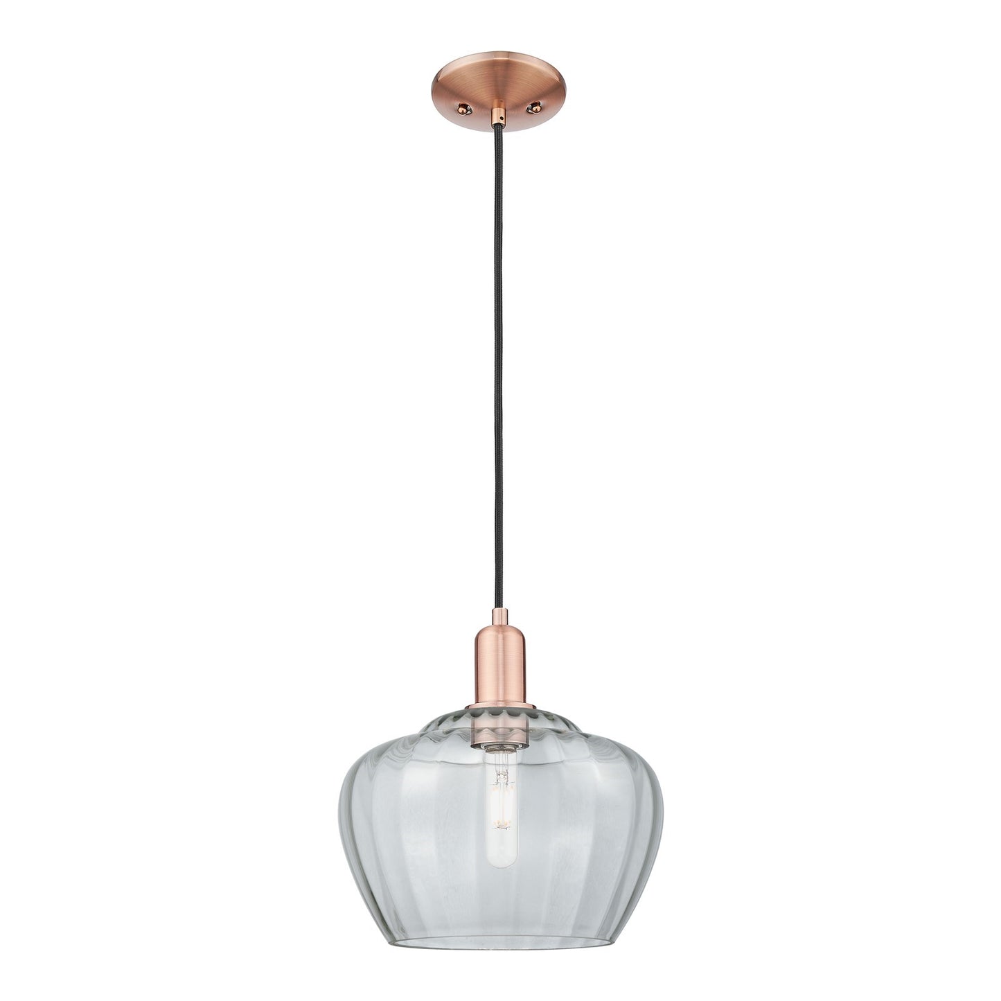 Innovations Fenton 11in 1-Light Mini Pendant | Industrial Antique Copper Steel and Clear Ribbed Glass | Kitchen Island & Dining | Model 716-1P-AC-G92-L
