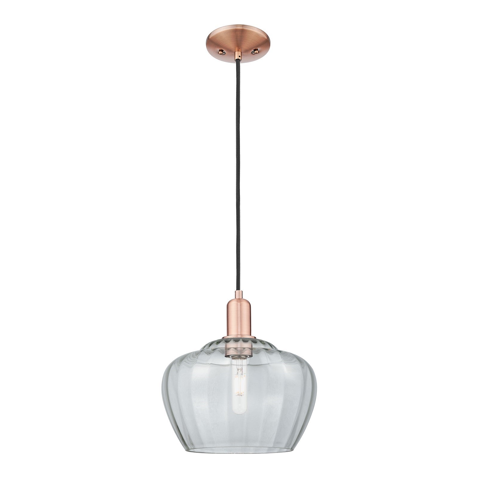 Innovations Fenton 11in 1-Light Mini Pendant | Industrial Antique Copper Steel and Clear Ribbed Glass | Kitchen Island & Dining | Model 716-1P-AC-G92-L