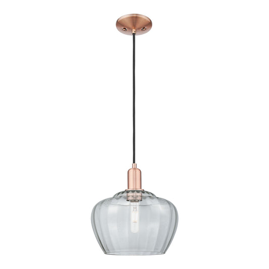 Innovations Fenton 11in 1-Light Mini Pendant | Industrial Antique Copper Steel and Clear Ribbed Glass | Kitchen Island & Dining | Model 716-1P-AC-G92-L