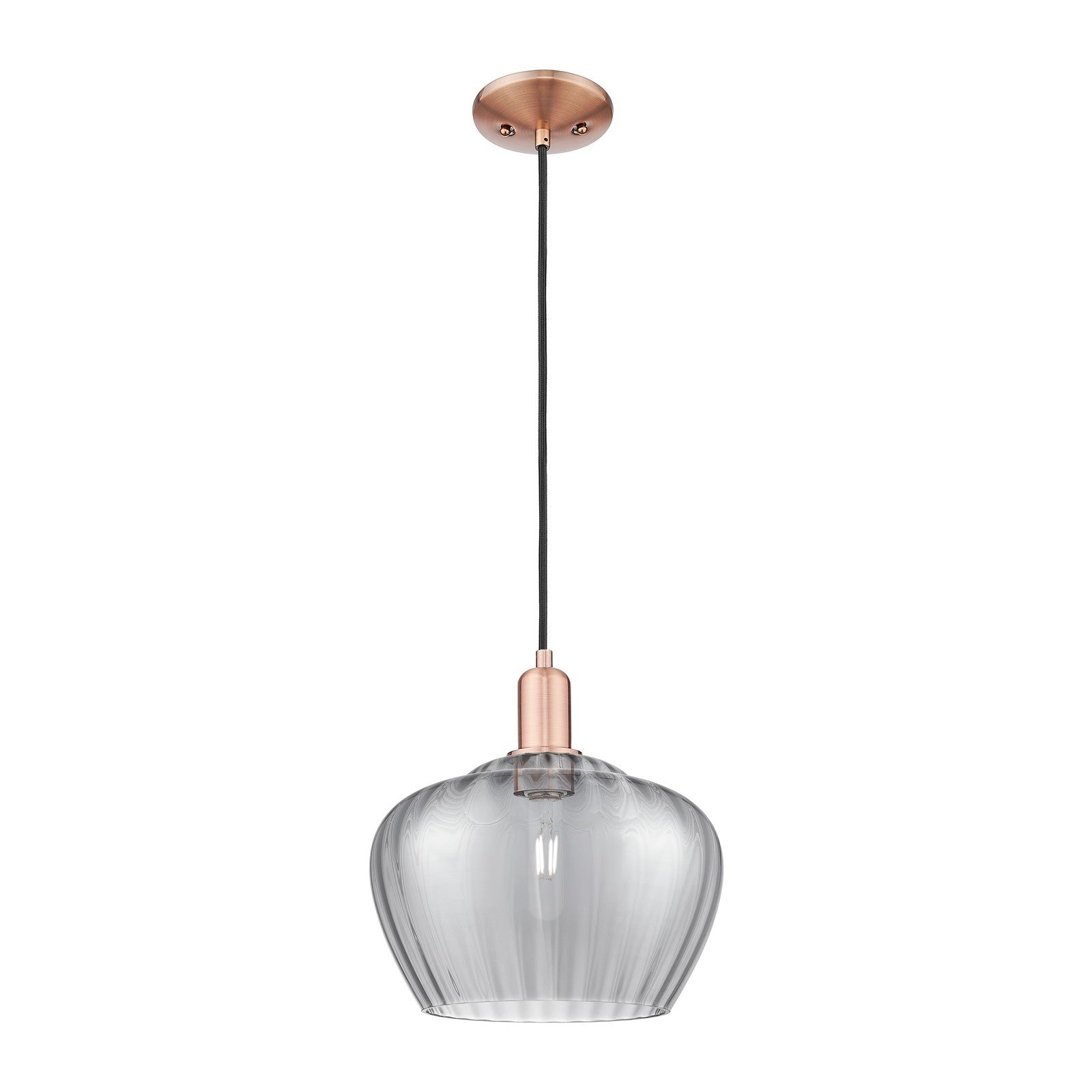 Innovations Fenton 11in 1-Light Mini Pendant | Industrial Antique Copper and Light Smoke Ribbed Glass | Kitchen Island & Dining | Model 716-1P-AC-G93-L