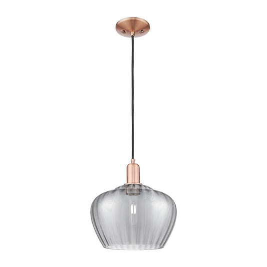 Innovations Fenton 11in 1-Light Mini Pendant | Industrial Antique Copper and Light Smoke Ribbed Glass | Kitchen Island & Dining | Model 716-1P-AC-G93-L