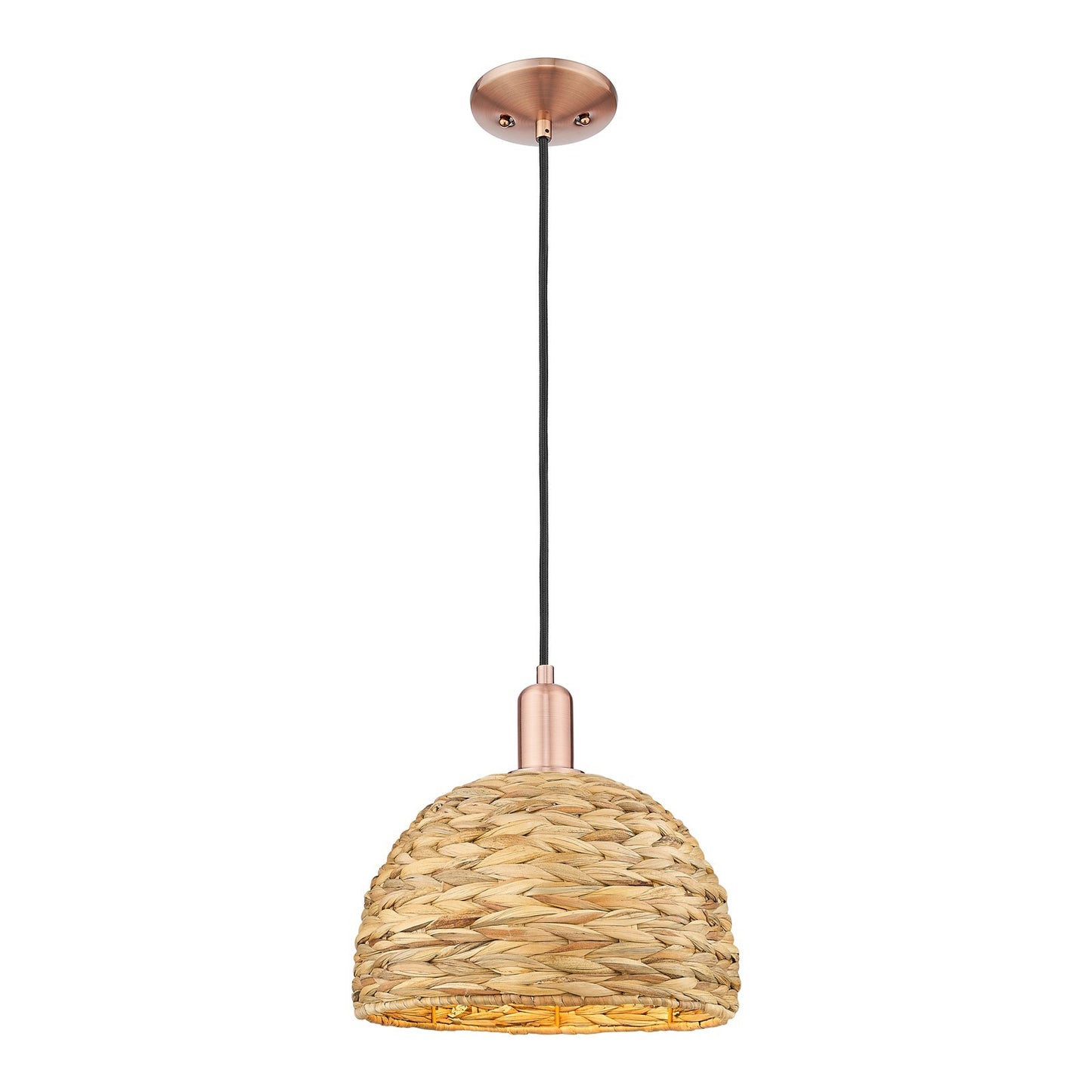 Innovations Arcadia 12in 1-Light Mini Pendant | Industrial Antique Copper and Natural Rattan | Kitchen Island | 12 x 12 x | Model 716-1P-AC-RBD-12-NAT