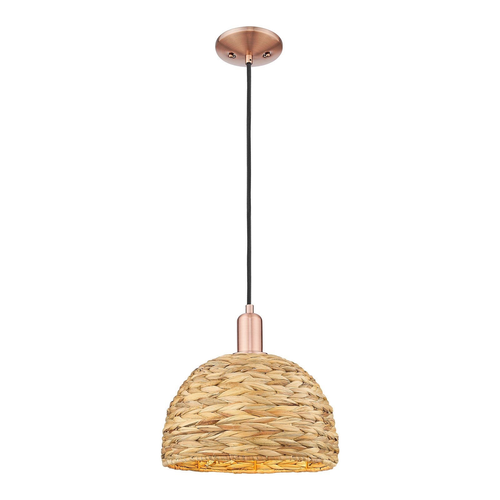 Innovations Arcadia 12in 1-Light Mini Pendant | Industrial Antique Copper and Natural Rattan | Kitchen Island | 12 x 12 x | Model 716-1P-AC-RBD-12-NAT