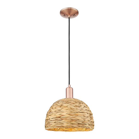 Innovations Arcadia 12in 1-Light Mini Pendant | Industrial Antique Copper and Natural Rattan | Kitchen Island | 12 x 12 x | Model 716-1P-AC-RBD-12-NAT