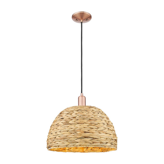 Innovations Woven Rattan 16in 1-Light Mini Pendant | Industrial Antique Copper Steel and Natural Fiber Dome Shade | Kitchen | Model 716-1P-AC-RBD-16-NAT