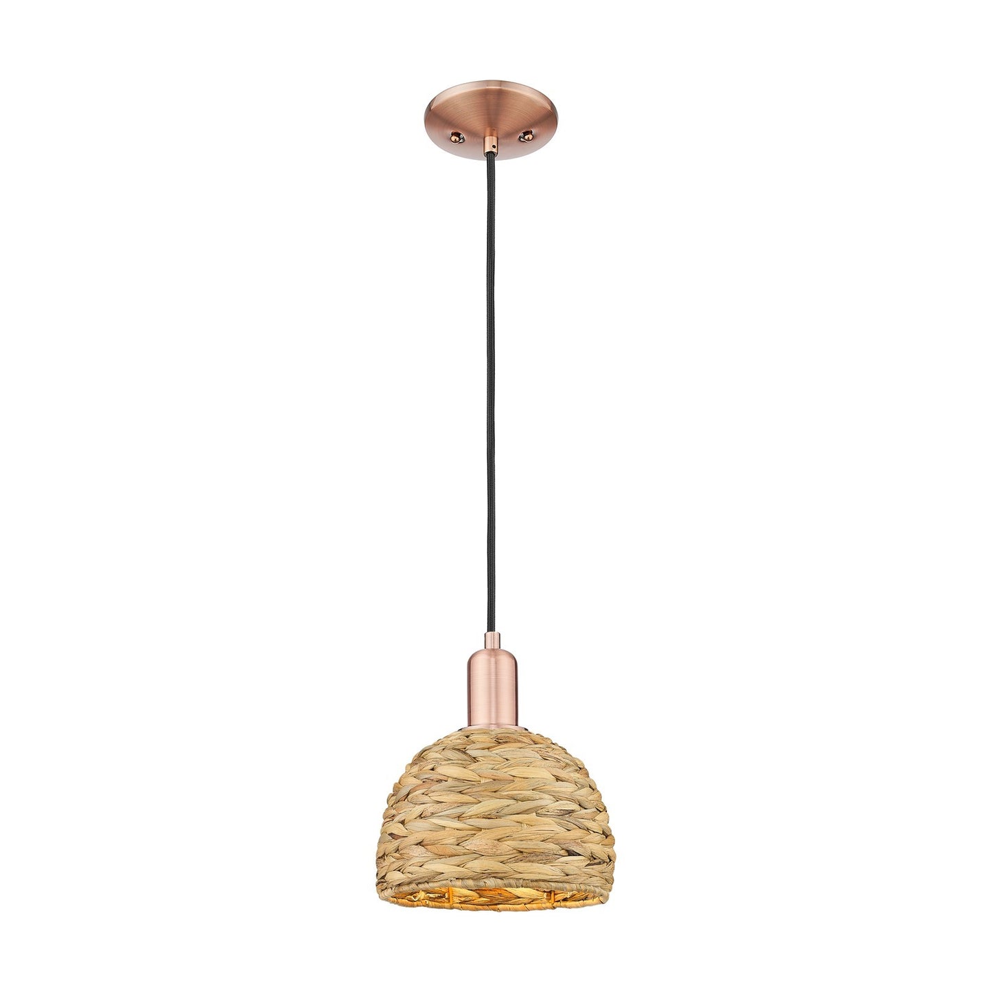 Innovations Woven Rattan 8in 1-Light Mini Pendant | Rustic Antique Copper Steel and Natural Woven Rattan | Kitchen Island & | Model 716-1P-AC-RBD-8-NAT