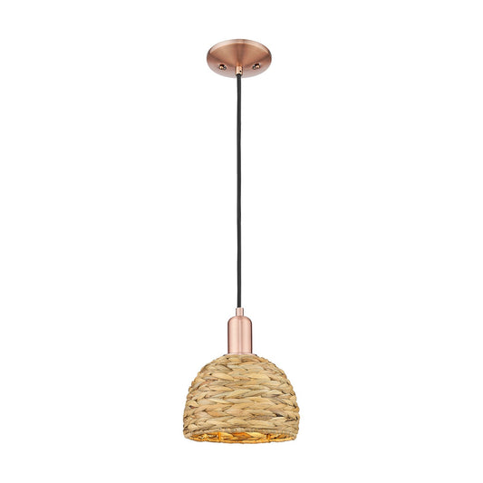 Innovations Woven Rattan 8in 1-Light Mini Pendant | Rustic Antique Copper Steel and Natural Woven Rattan | Kitchen Island & | Model 716-1P-AC-RBD-8-NAT