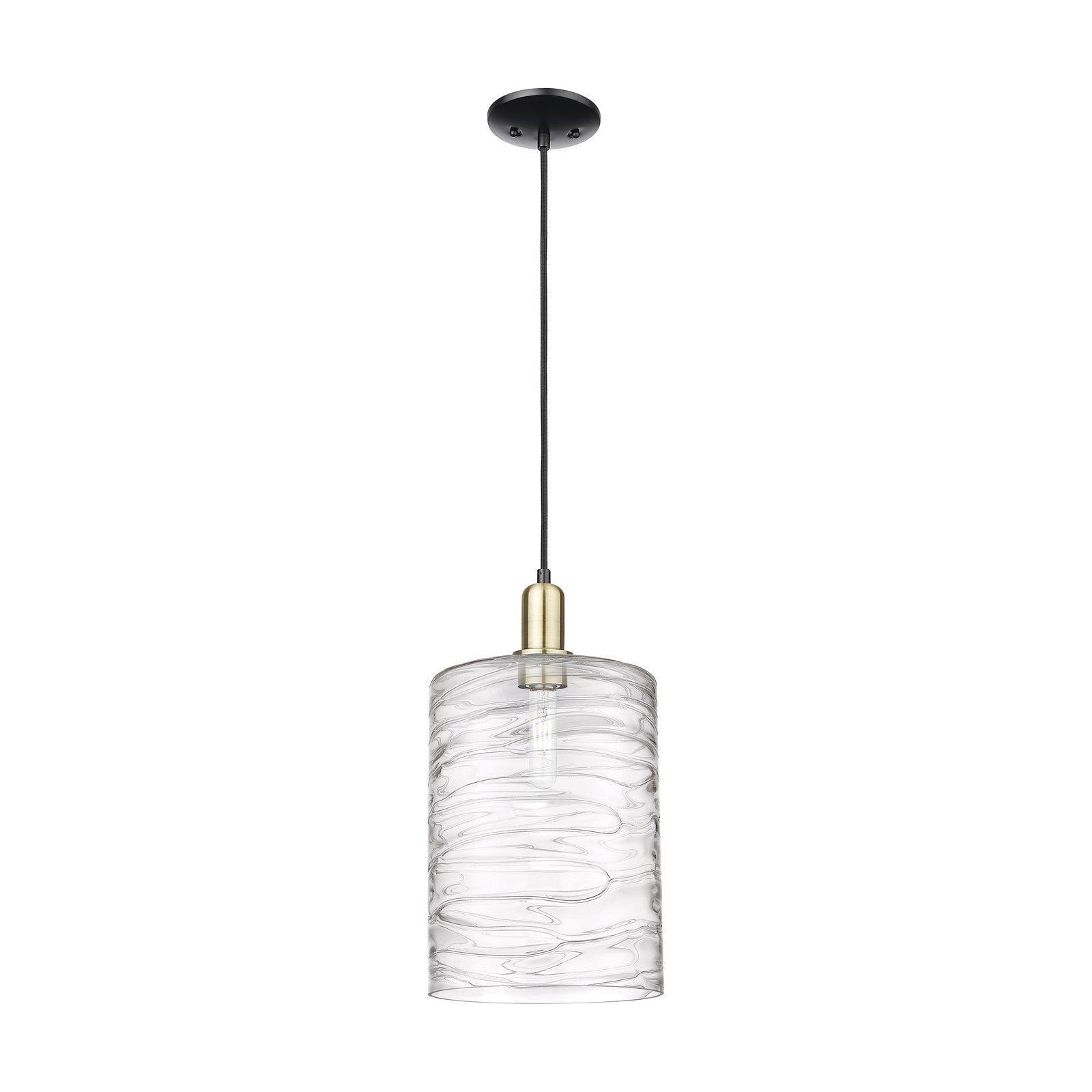 Innovations Cobbleskill 9in 1-Light Mini Pendant | Industrial Black Antique Brass Steel and Deco Swirl Clear Glass | Kitchen | Model 716-1P-BAB-G1113-L