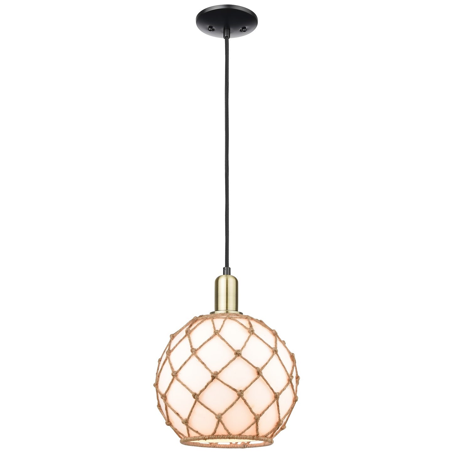 Innovations Farmhouse Rope 10in 1-Light Mini Pendant | Industrial Black Antique Brass and Matte White Glass with Brown Rope | Model 716-1P-BAB-G121-10RB