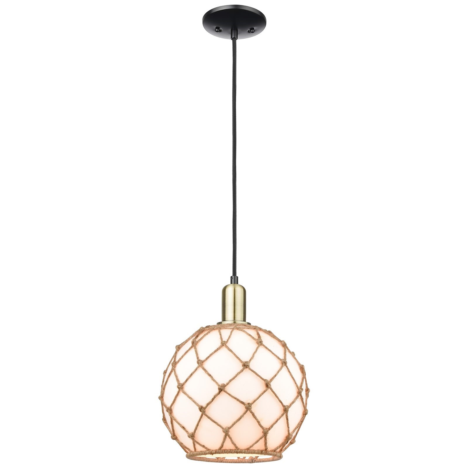 Innovations Farmhouse Rope 10in 1-Light Mini Pendant | Industrial Black Antique Brass and Matte White Glass with Brown Rope | Model 716-1P-BAB-G121-10RB
