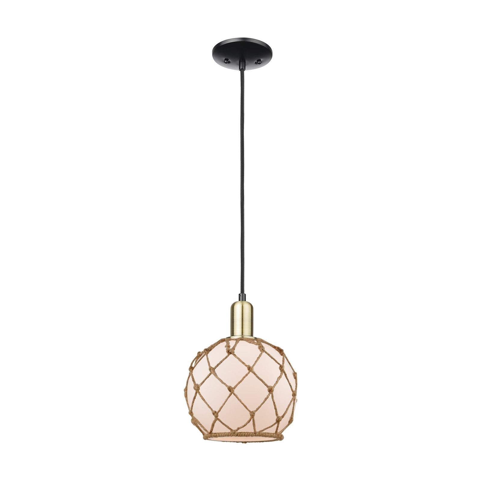 Innovations Farmhouse Rope 8in 1-Light Mini Pendant | Industrial Black Antique Brass Steel and White Frosted Glass with Brown | Model 716-1P-BAB-G121-8RB