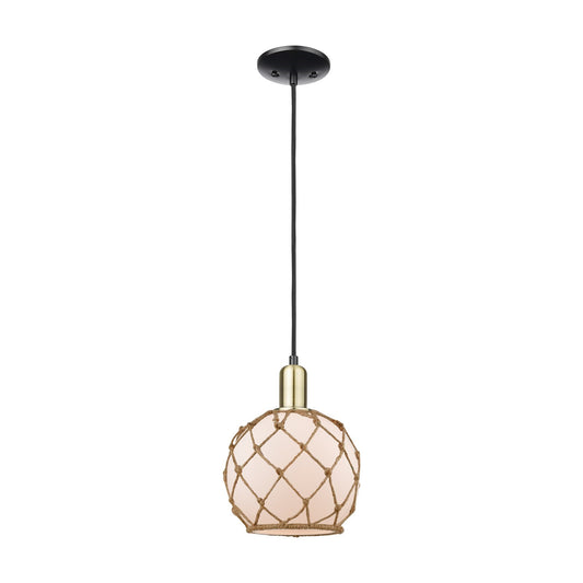 Innovations Farmhouse Rope 8in 1-Light Mini Pendant | Industrial Black Antique Brass Steel and White Frosted Glass with Brown | Model 716-1P-BAB-G121-8RB