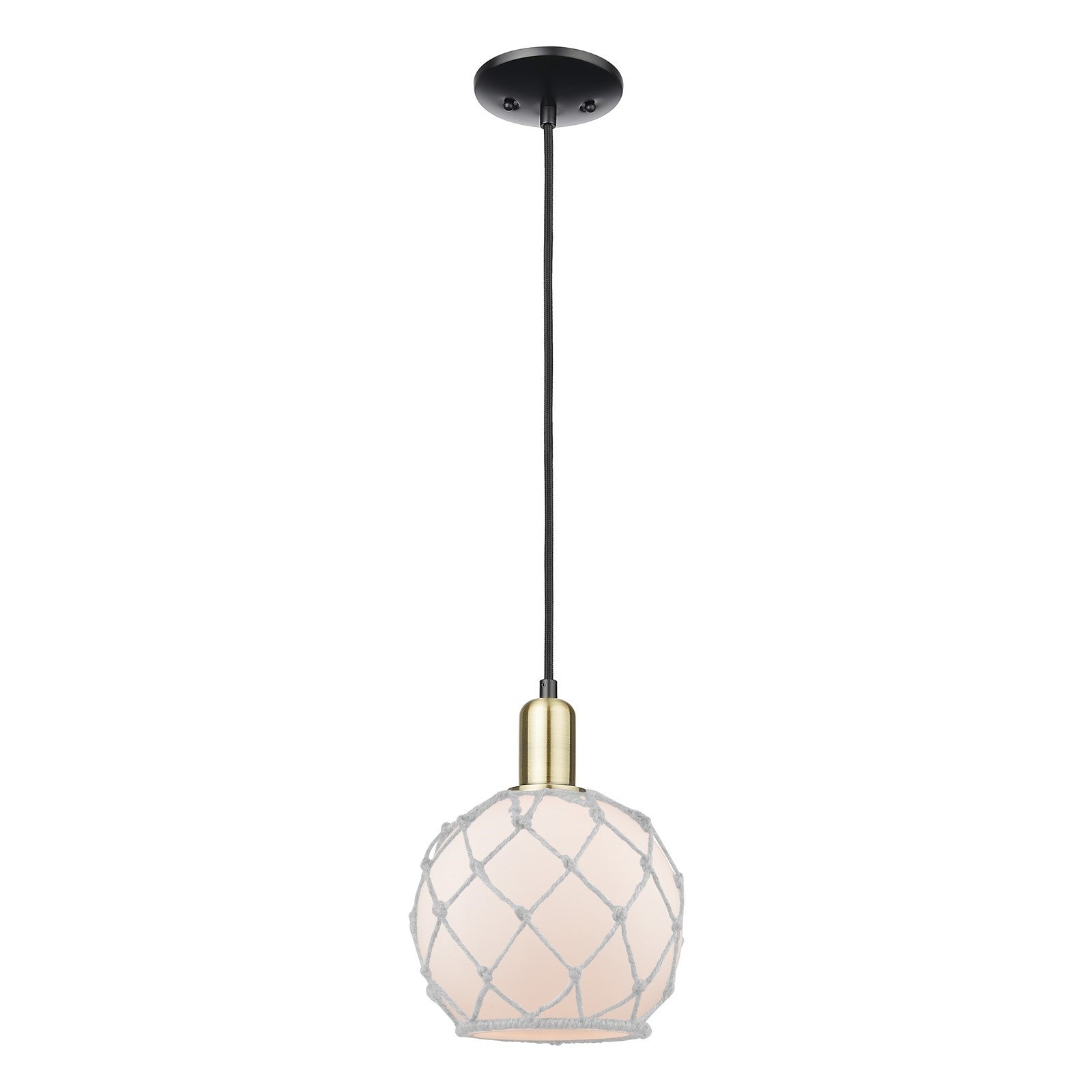 Innovations Farmhouse Rope 8in 1-Light Mini Pendant | Industrial Black Antique Brass and White Frosted Glass with Rope | Model 716-1P-BAB-G121-8RW