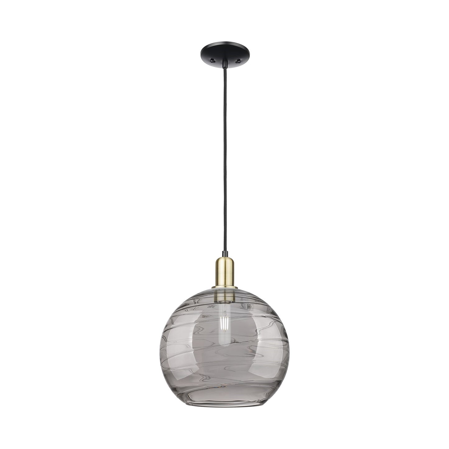 Innovations Athens Deco Swirl 12in 1-Light Mini Pendant | Industrial Black Antique Brass Steel and Clear Deco Swirl Glass | Model 716-1P-BAB-G1213-12CL