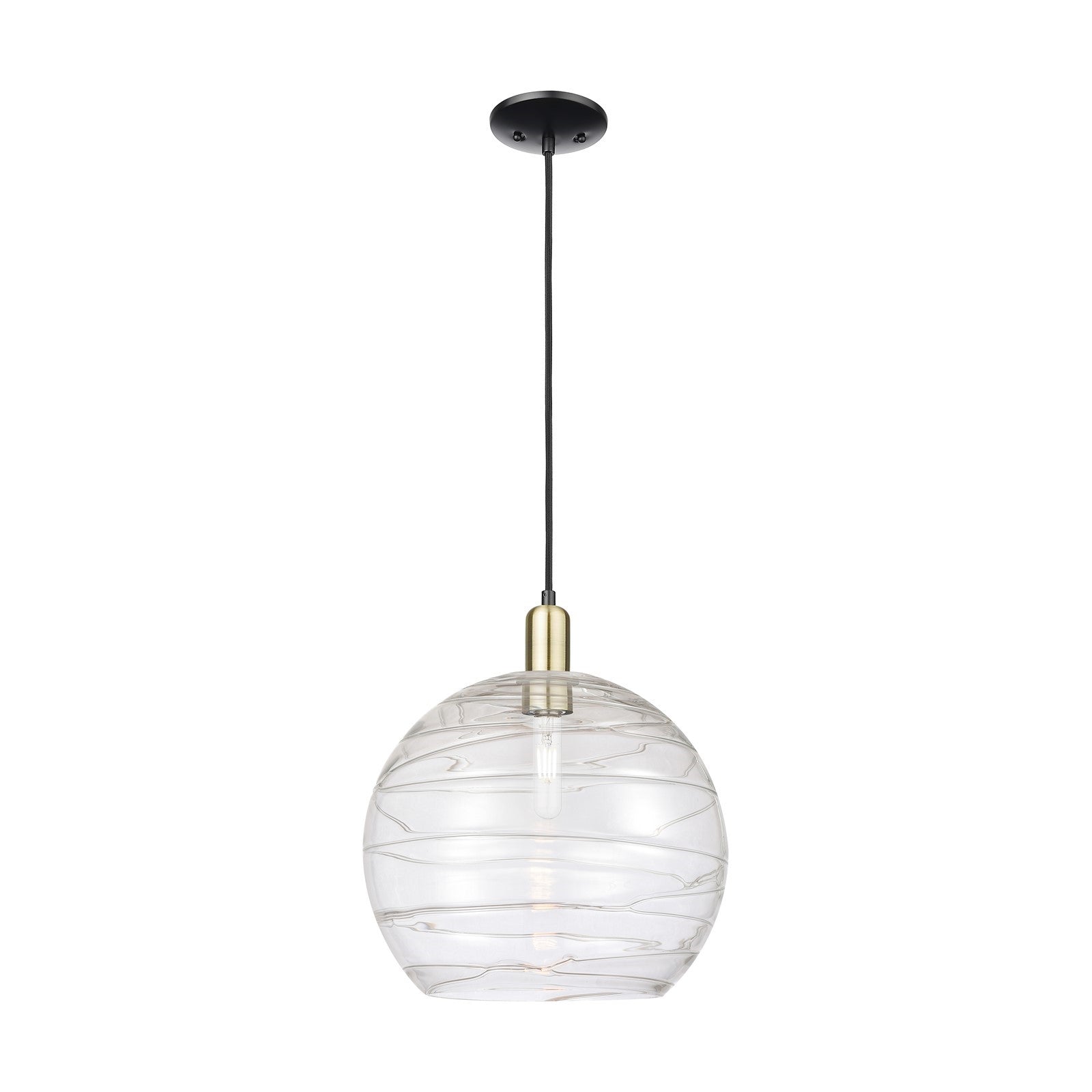 Innovations Athens Deco Swirl 14in 1-Light Mini Pendant | Industrial Black Antique Brass Steel and Clear Deco Swirl Glass | Model 716-1P-BAB-G1213-14CL