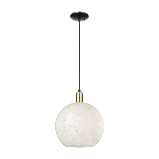 Innovations White Mouchette 12in 1-Light Mini Pendant | Industrial Black Antique Brass and White Glass | Kitchen Island & | Model 716-1P-BAB-G1216-12WM