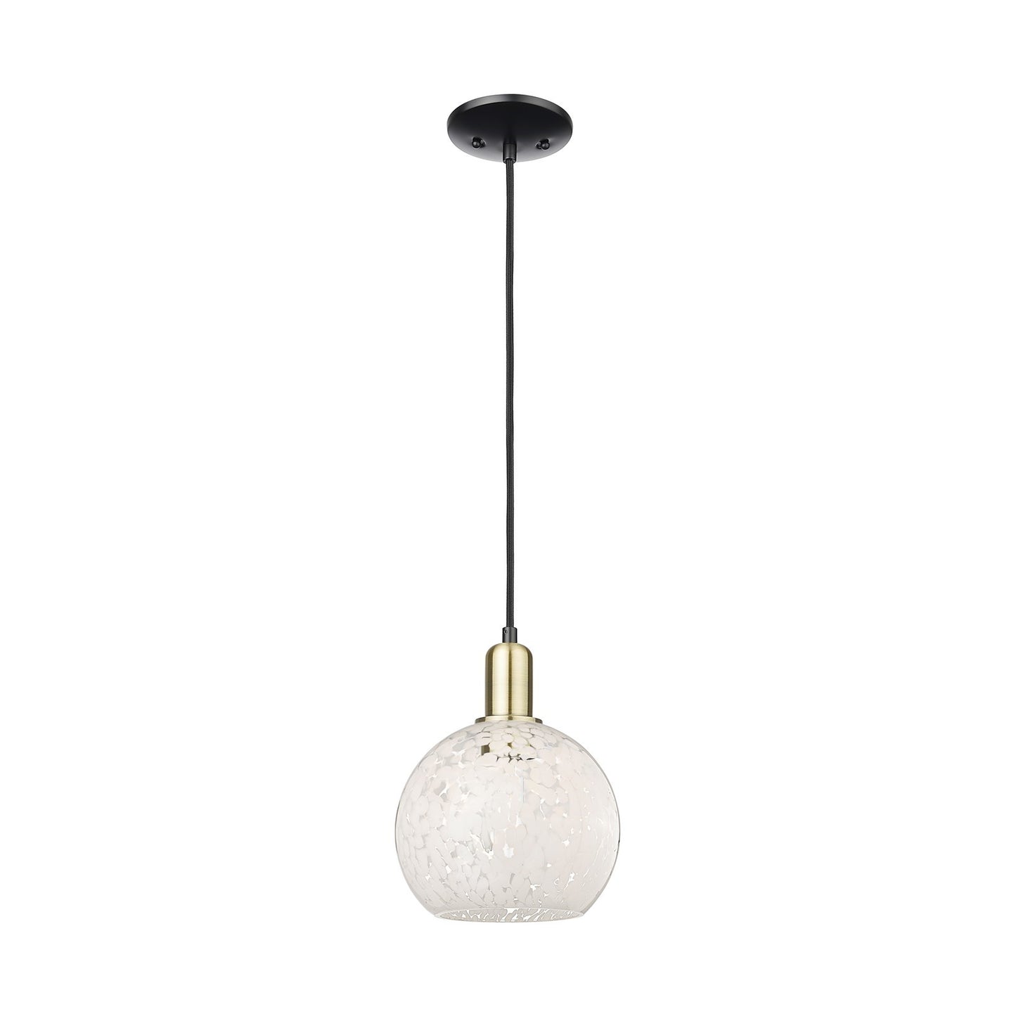 Innovations Lighting White Mouchette 8in 1-Light Mini Pendant | Industrial Black Antique Brass Steel and White Glass | Model 716-1P-BAB-G1216-8WM