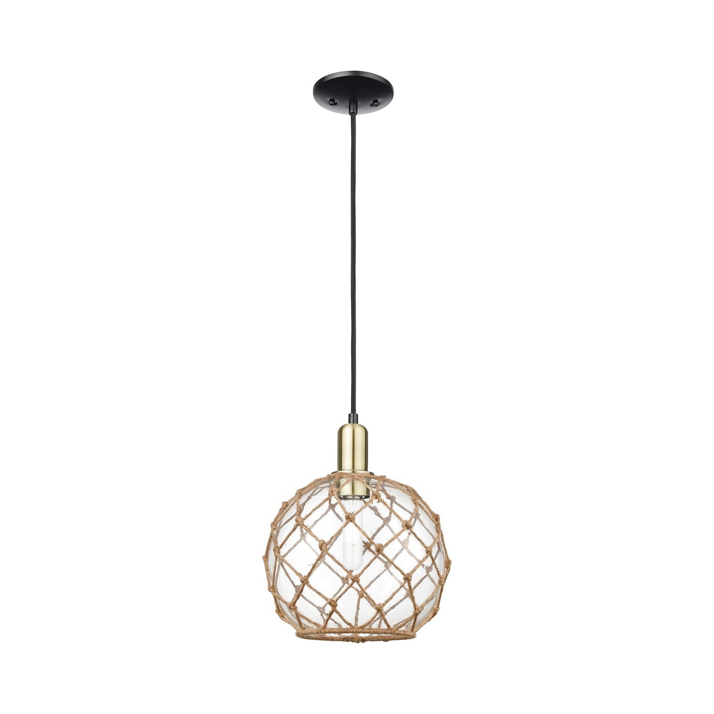 Innovations Farmhouse Rope 10in 1-Light Mini Pendant | Industrial Black Antique Brass and Clear Glass with Brown Rope | Model 716-1P-BAB-G122-10RB