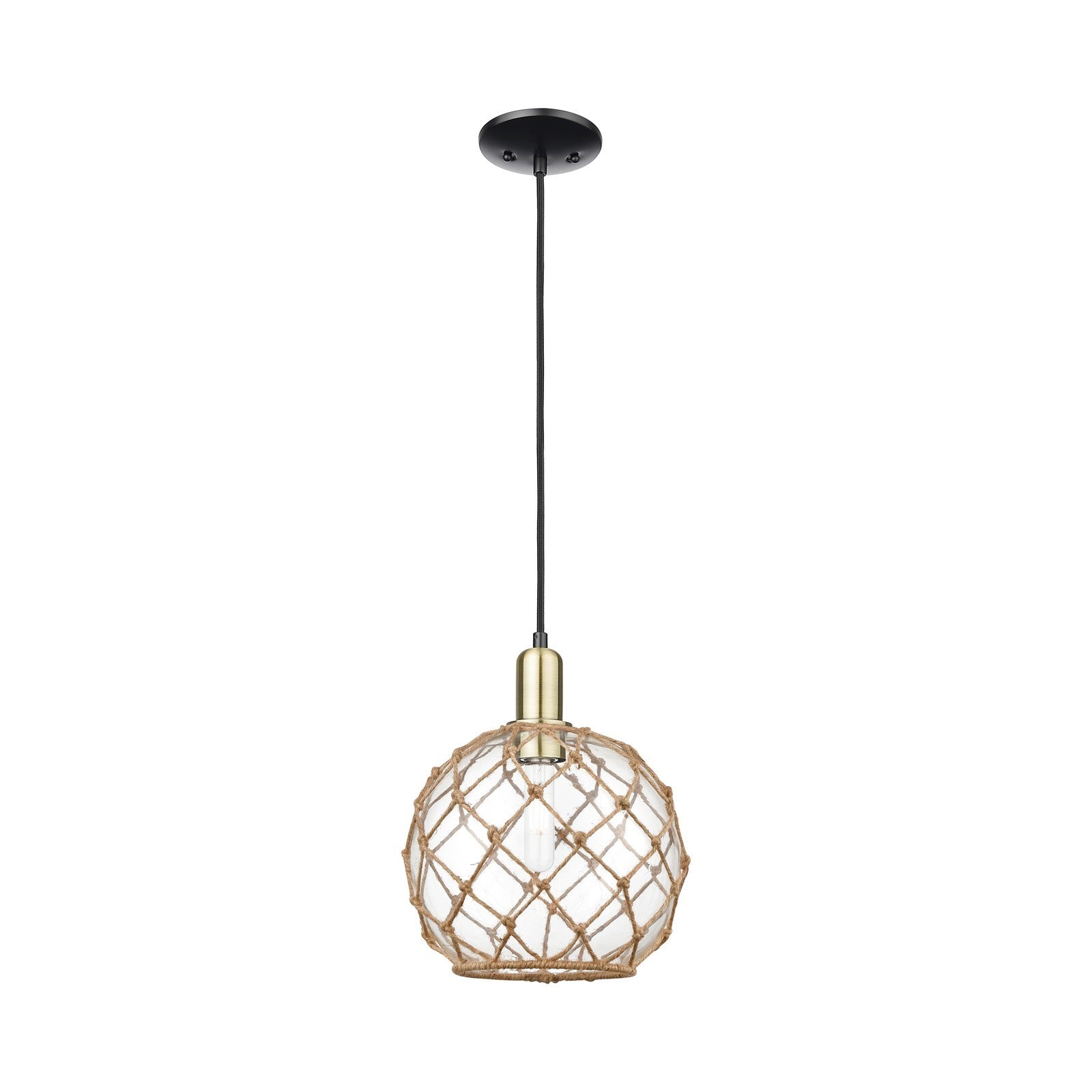 Innovations Farmhouse Rope 10in 1-Light Mini Pendant | Industrial Black Antique Brass and Clear Glass with Brown Rope | Model 716-1P-BAB-G122-10RB