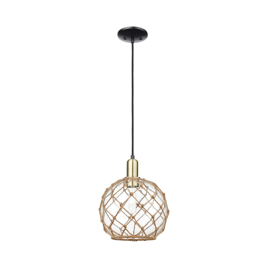 Innovations Farmhouse Rope 10in 1-Light Mini Pendant | Industrial Black Antique Brass and Clear Glass with Brown Rope | Model 716-1P-BAB-G122-10RB