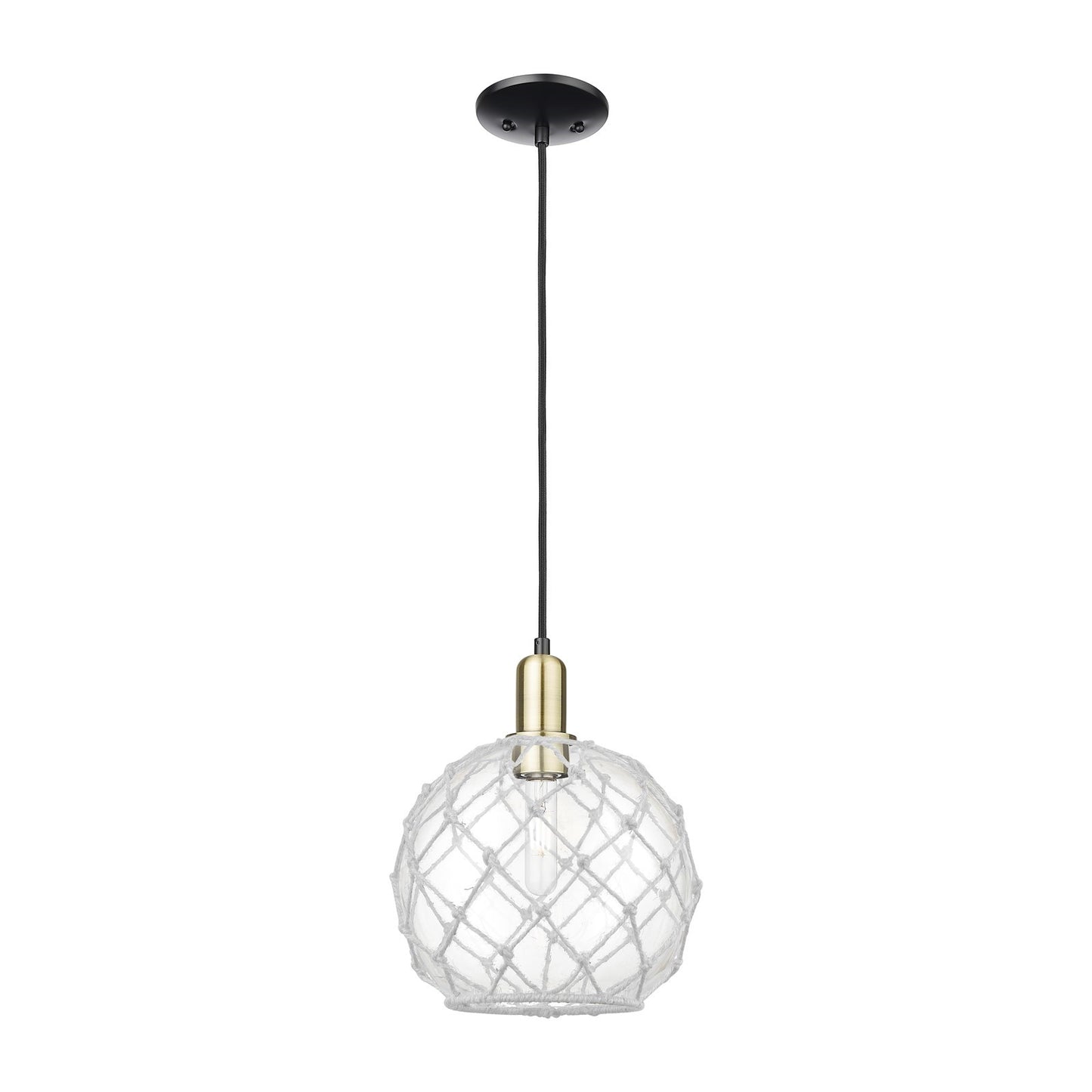 Innovations Farmhouse Rope 10in 1-Light Mini Pendant | Industrial Black Antique Brass Steel and Clear Glass with White Rope | Model 716-1P-BAB-G122-10RW