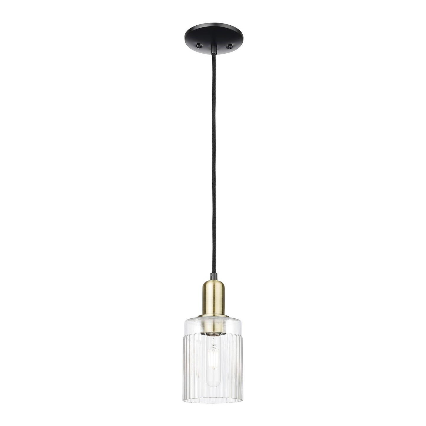 Innovations Hadley 4.5in 1-Light Mini Pendant | Industrial Black Antique Brass Steel and Clear Ribbed Glass | Kitchen Island & | Model 716-1P-BAB-G342