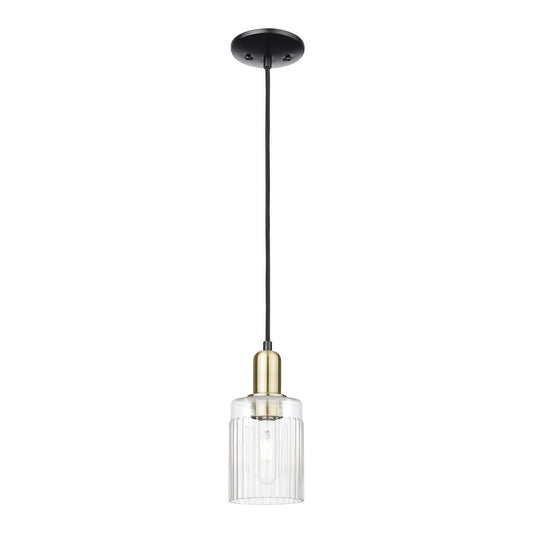 Innovations Hadley 4.5in 1-Light Mini Pendant | Industrial Black Antique Brass Steel and Clear Ribbed Glass | Kitchen Island & | Model 716-1P-BAB-G342