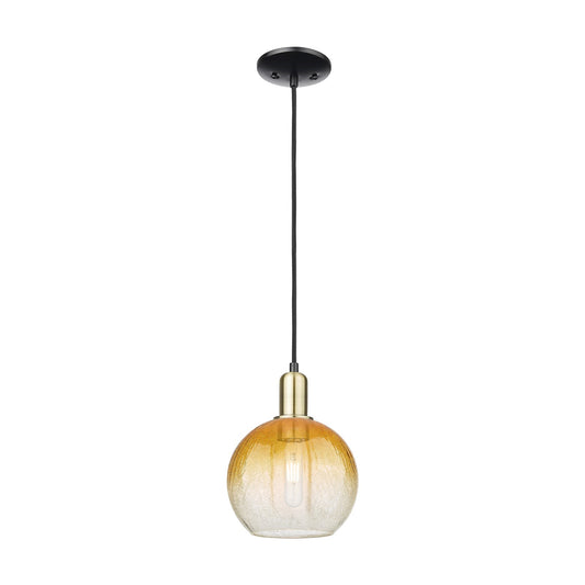 Innovations Brookhaven Globe 8in 1-Light Mini Pendant | Industrial Black Antique Brass and Amber Glass | Kitchen Island & | Model 716-1P-BAB-G483-8AM