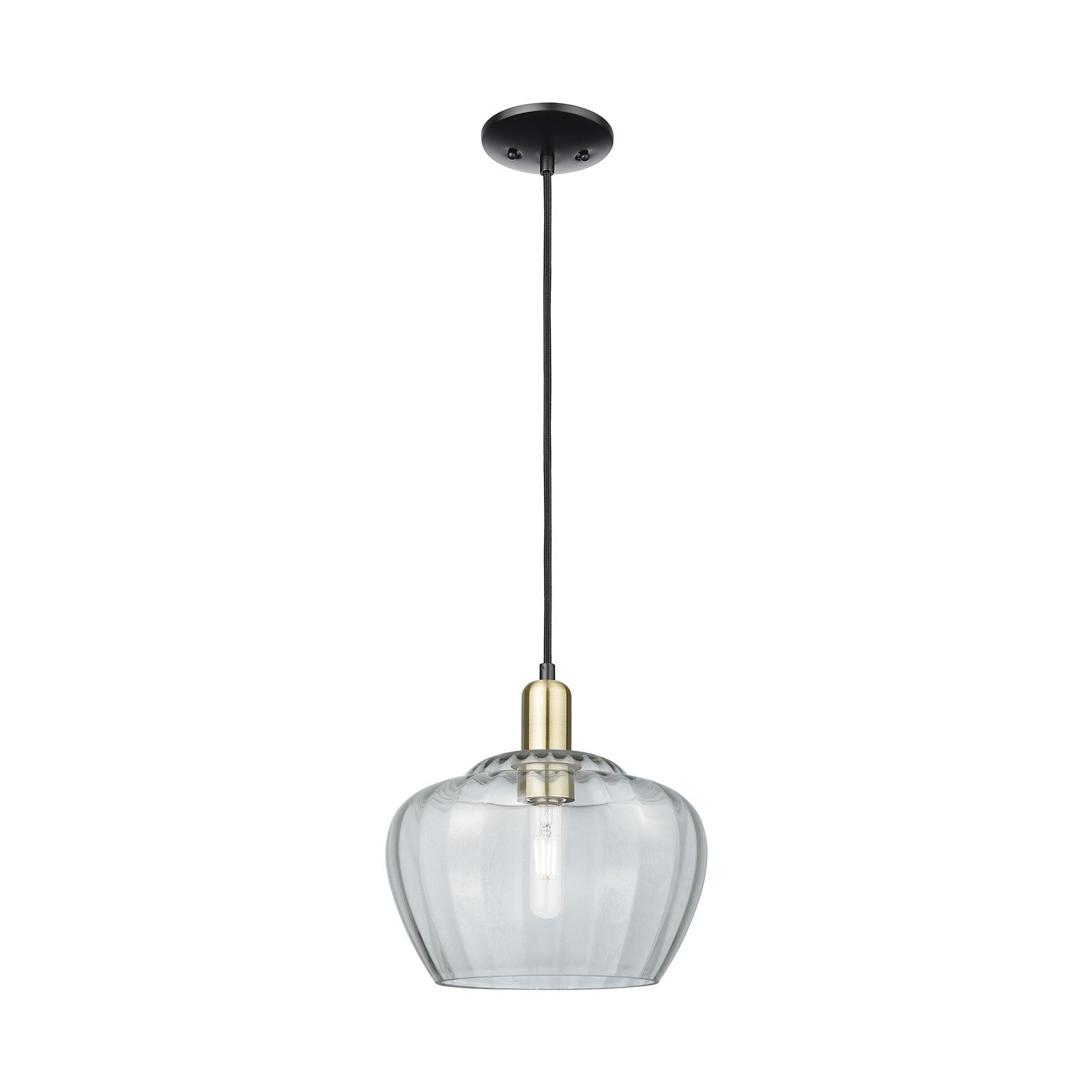 Innovations Fenton 11in 1-Light Mini Pendant | Industrial Black Antique Brass Steel and Clear Ribbed Glass | Kitchen Island & | Model 716-1P-BAB-G92-L