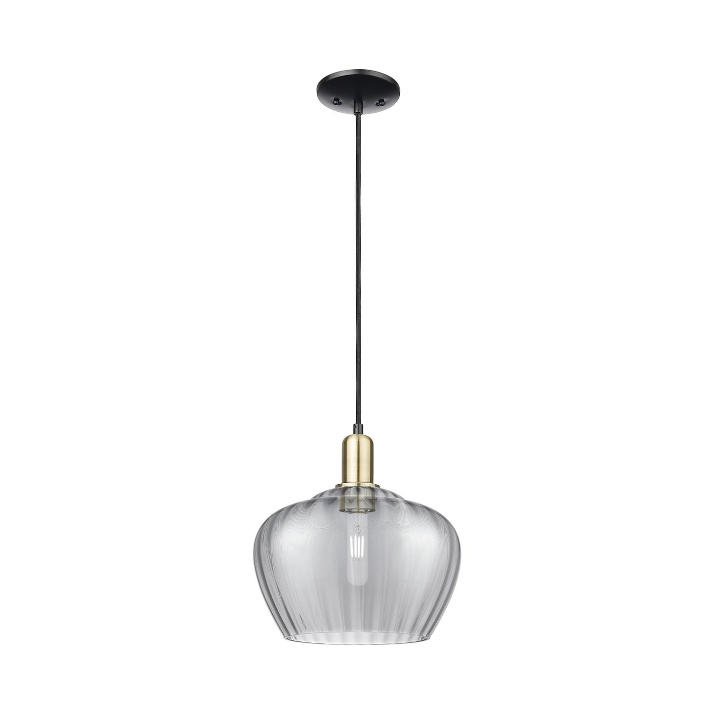 Innovations Fenton 11in 1-Light Mini Pendant | Industrial Black Antique Brass Steel and Light Smoke Ribbed Glass | Kitchen Island | Model 716-1P-BAB-G93-L