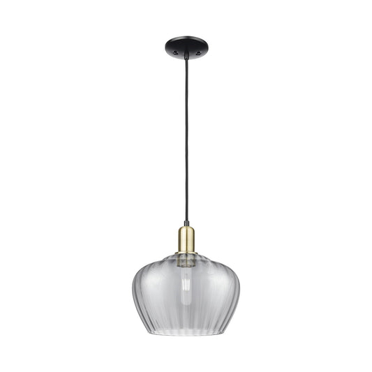 Innovations Fenton 11in 1-Light Mini Pendant | Industrial Black Antique Brass Steel and Light Smoke Ribbed Glass | Kitchen Island | Model 716-1P-BAB-G93-L