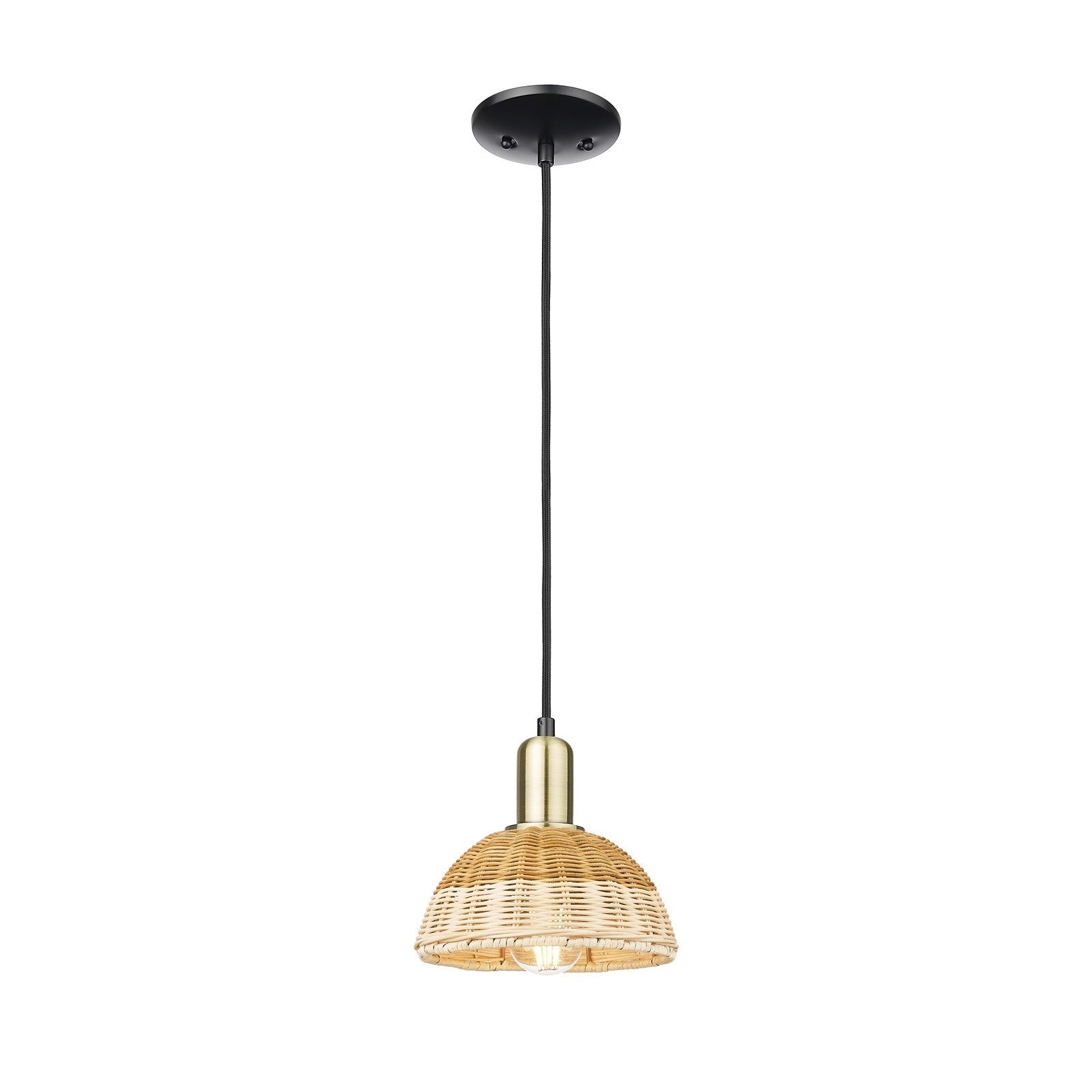 Innovations Natural Ballston Dome 7.5in 1-Light Mini Pendant | Farmhouse Black Antique Brass Steel and Natural Fiber Dome | Model 716-1P-BAB-NBD2-75-NAT